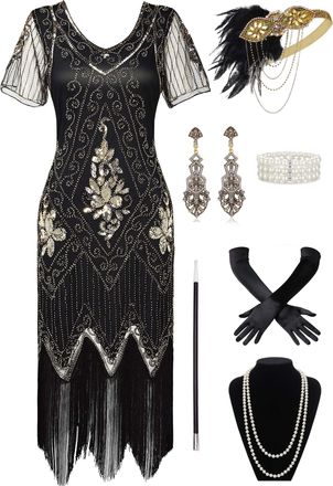 Babeyond 1920s Womens Flapper Dress with Short Sleeves Gatsby Theme Party Womens Costume Dress, Set - Black Gold, XXXL