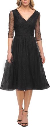 La Femme Tea Length Tulle Dress with Beading and Sheer Sleeve in Black at Nordstrom, Size 12