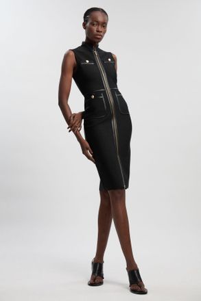 Karen Millen Womens Sleeveless Pu Tipped Military Bandage Midi Dress - Black - Size 10 UK