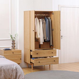 HOMCOM Modern Wardrobe with 2 Drawers Hanging Rail Clothes Organizer in Light Brown
