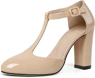 EDEFS Womens Beige Patent Mary Jane Heels with T Strap 3.5 Inch Block Heel Court Shoes Closed Toe Dress Heels for Party Wedding and Work UK2