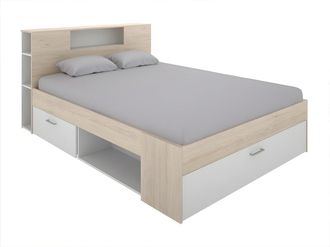 Vente-Unique Cama con cabecero con compartimentos y cajones - 160 x 200 cm - blanco y natural - LEANDRE