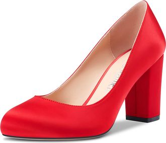 Castamere Women Chunky Block High Heel Round Toe Slip-on Pumps Court Shoe Wedding Party Dress 8 CM Heels Shoes Red Satin 9.5 UK