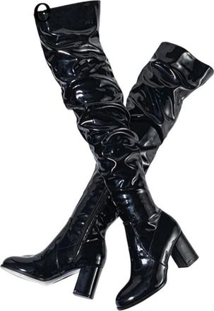Generic Women Over Knee Patent Leather Boots Round Toe Thick Heel Side Zipper Casual Long Boot