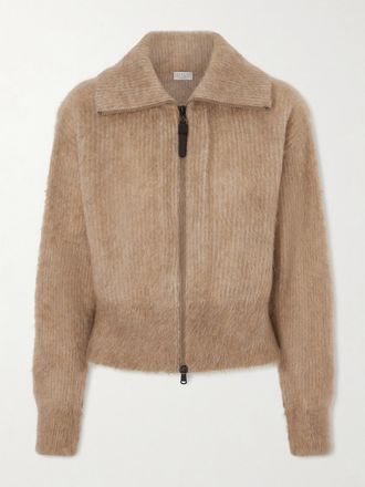 Brunello Cucinelli Cardigan In Maglia Spazzolata A Coste Con Zip - Marrone