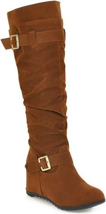 Generic Womens Knee-High Wedge Boots, Retro Plus Size Long Shaft Boots with Double Buckle Pleated Look Slip-On Shoes Autumn Winter Round Toe Dress Boots for O