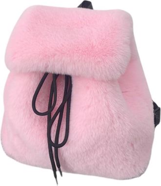 Generic Fashionable Plush Furry Small Backpack for Women Adjustable Shoulder Bag with Drawstring Closures Flap Covers