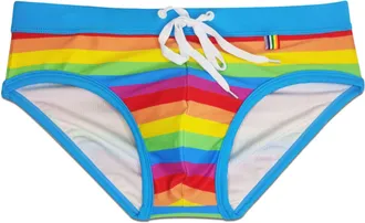 Feoya Mens Swimming Briefs with Pouch Sexy Low Rise Swim Briefs Summer Bikini Bottoms Swimwear Printed Swimming Costume Drawstring Rainbow Swim Brief Micro 