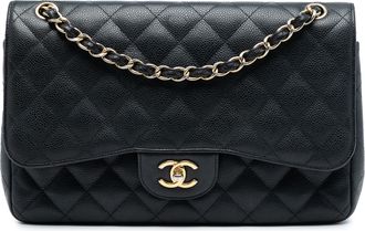 Chanel Pre-owned Womens Jumbo Classic Caviar Double Flap - Black Leather - One Size