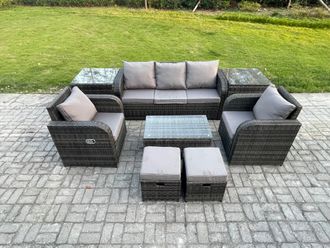 Fimous 7 Seater Rattan Garden Furniture Set Patio Outdoor Lounge Sofa Set with Rectangular Coffee Table 2 Small Footstools in Dark Grey