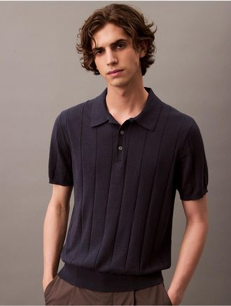 Calvin Klein Mens Wool Cotton Classic Polo Sweater - Navy - 2XL