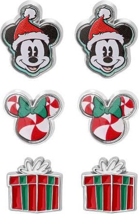 Disney Mickey and Minnie Mouse Holiday Stud Earring Set, Mickey Santa, Peppermint Minnie and Gift Box in Red, Green at Nordstrom