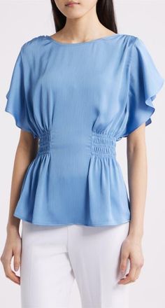 Anne Klein Flutter Sleeve Smocked Waist Top in Lagoon at Nordstrom, Size X-Large P