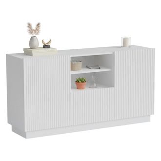 Dmora Aparador Serchio, Aparador De Sal&oacute;n Con Dos Puertas Batientes, Un Caj&oacute;n Y Dos Compartimentos Abiertos, Dise&ntilde;o Efecto Estriado, 150 X 40 H 78 Cm, Blanc