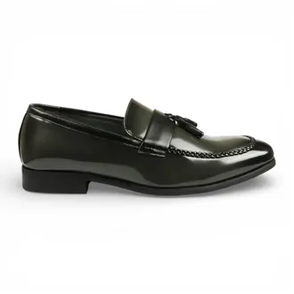 Infinity Leather Mens Olive Tassel High-Gloss Patent Faux Leather Formal Loafers Shoes