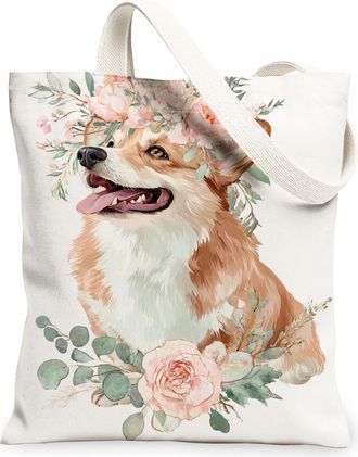 Generic Floral Vintage Canvas Tote Bags, Dog Print Reusable Grocery Bags, Spring Lightweight Washable Shoulder Strap Canvas for Tra, White, 13x15 Inch