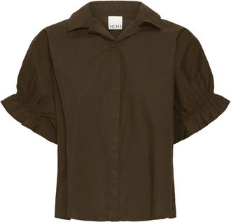 Ichi Vrouwelijke blouse met pofmouwen - Dames - Overhemden - Bruin - 2XL - Katoen - Overhemden