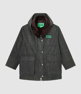 Barbour Veste Ganni Hooded Duffle Wax Classic Tartan Fern, Collaboration Barbour X Ganni