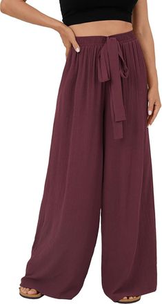 Generic Trousers Elegant Womens Flowing Trousers with Wide Leg, Elastic Waist, Drawstring, Casual Palazzo Trousers with Side Pocket, Loose Pocket Trousers, 3/