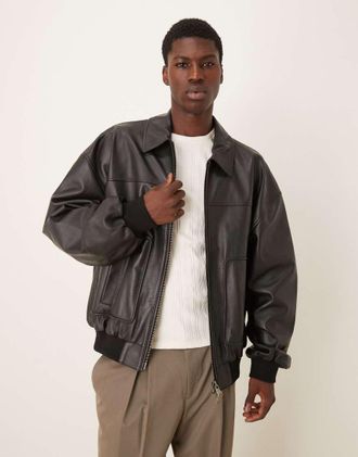 Asos Giacca bomber oversize nera in vera pelle-Marrone