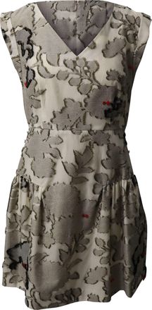 Paule Ka Floral V-Neck Dress with Fur Applique in Grey Cotton