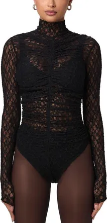 Naked Wardrobe Long Sleeve Lace Bodysuit in Black at Nordstrom, Size X-Small