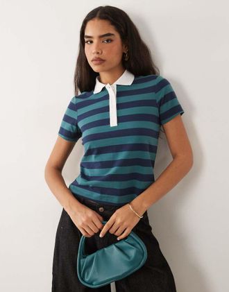 Good American Polo super elasticizzata verde e blu navy a righe-Multicolore