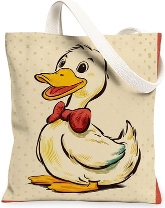 Generic Cute Duck Canvas Tote Bags, Fanciful Animal Print Reusable Grocery Totes, Summer Playful Vintage Lightweight Washable Shoul, Beige, 13x15 Inch