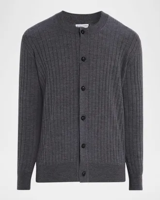 Bottega Veneta Men & apos;s Ribbed Wool Cardigan with Leather Buttons