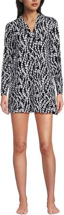 Lands End Cotton Jersey Long Sleeve Hooded Swim Cover-up Dress in Black/white Vine Floral at Nordstrom, Size X-Large P