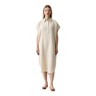 Benetton Linnen Midi Jurk - Dames - Casual kleedjes - Beige - M/L - Linnen - Kleedjes