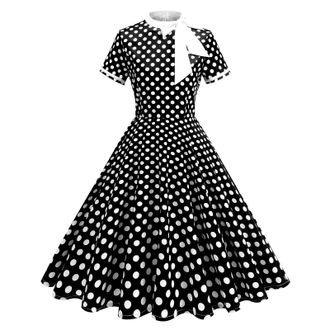 Generic Womens Vintage Polka Dot 1950s Dress Bow Tie Neck 50s Style Rockabilly Cocktail Party Work Dresses,White Milkmaid Dress Long Sleeve Summer Dresses for