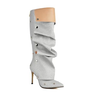 Generic Womens Pointed Toe Glitter Long Boots Stiletto High Heel Knee High Boots Evening Party Pron Shoes with Zipper,Silver,9.5 UK