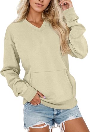 Generic WomenS Solid Colour Hoodless Sweatshirt Hoodies Drawstring Button Womens Pullover Sweatshirt V Neck With Pocket Comfortable Sweatshirt For Everyday We