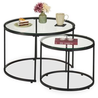 Relaxdays Relaxdays Tavolini da Salotto, Set da 2 Tavoli Bassi da Caffè Divano in Soggiorno, Metallo e Vetro, Design Minimal, Nero