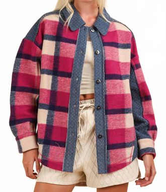 Very J Textured Denim Contrast Plaid Shacket In Pink