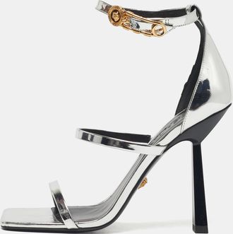 Versace Silver Leather Safety Pin Ankle Strap Sandals