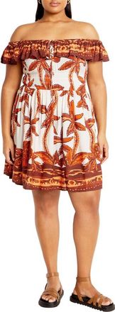 City Chic Tahitian Border Print Off the Shoulder Dress in Tahitian Brown at Nordstrom Rack, Size Xs/14W