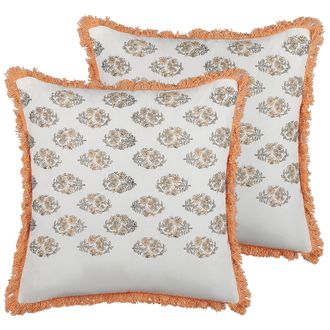 Beliani Conjunto De 2 Cojines De Algod&oacute;n Blanco Naranja Gris 45 X 45 Cm A Mano Sativus