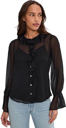 Liverpool L.A. Long Sleeve Ruffle Front Woven Shirt Womens Clothing Black : XL, Polyester