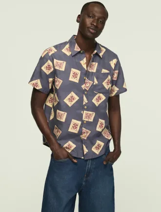 Lucky Brand Mens Short Sleeve Printed Camp Collar Shirt
