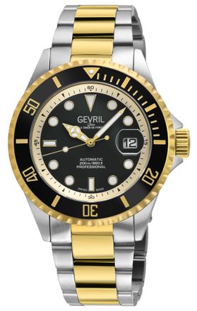 Gevril Group Mens Wall Street Swiss Automatic Sellita SW200 Black Enamel Dial, SS/IPYG Satin and Polished Bracelet Watch - Silver & Gold - One Size
