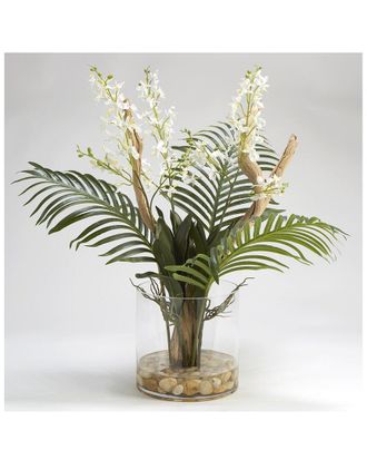 D&W Silks Large Ghostwood Branch With Dendrobium Orchids And Palm Frond In Glass Dish
