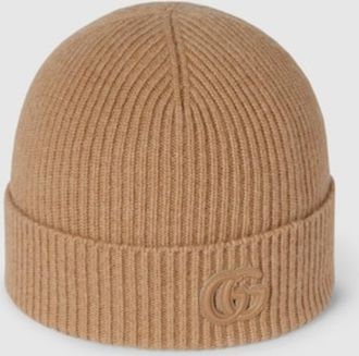 Gucci Cashmere Hat with Double G Leather Patch, Size Medium