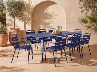 Vente-Unique Sala da pranzo da giardino un tavolo L.200 cm e 8 poltrone impilabili in Metallo Blu notte - MIRMANDE di MYLIA