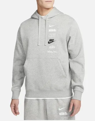 Nike Mens NIKE DX0783 Mens Fleece Hoodie Club BB Stacked Long Sleeve Swoosh Pullover Hoody - Grey - Size: 40