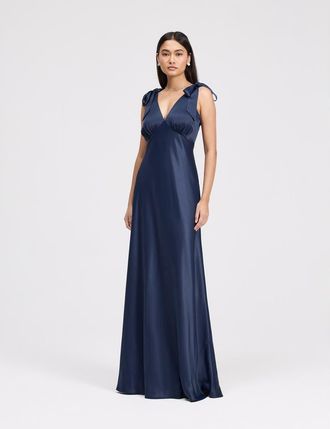 Ghost London Nora Tie Shoulder Satin Maxi Dress in Navy at Nordstrom, Size 16