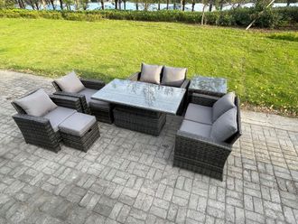 Fimous Rattan Garden Furniture Sets 8 Seater Patio Outdoor Rising Lifting Table Sofa Set with Double Seat Sofa Side Table in Dark Grey