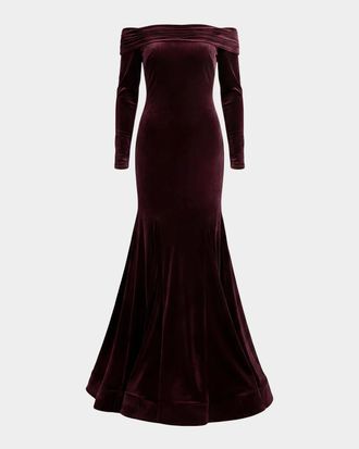 Mac Duggal Velvet Off-The-Shoulder Mermaid Gown