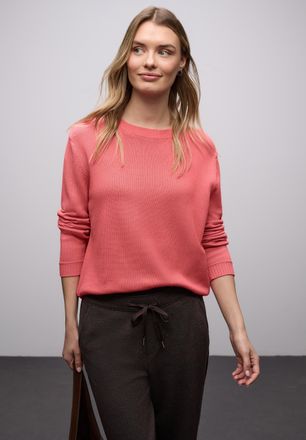 Street One Strickpullover STREET ONE, Damen, Gr. 34, striking coral, Strick, Obermaterial: 100% Baumwolle, unifarben, normal h&uuml;ftbedeckend, Rundhals, Flachstrick